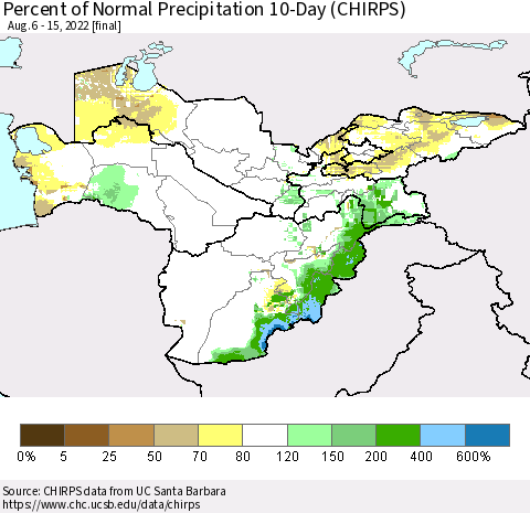 Central Asia Percent of Normal Precipitation 10-Day (CHIRPS) Thematic Map For 8/6/2022 - 8/15/2022