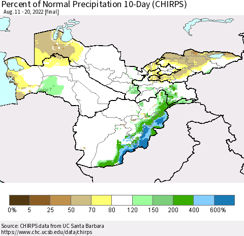 Central Asia Percent of Normal Precipitation 10-Day (CHIRPS) Thematic Map For 8/11/2022 - 8/20/2022