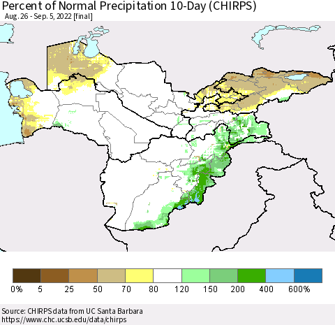 Central Asia Percent of Normal Precipitation 10-Day (CHIRPS) Thematic Map For 8/26/2022 - 9/5/2022