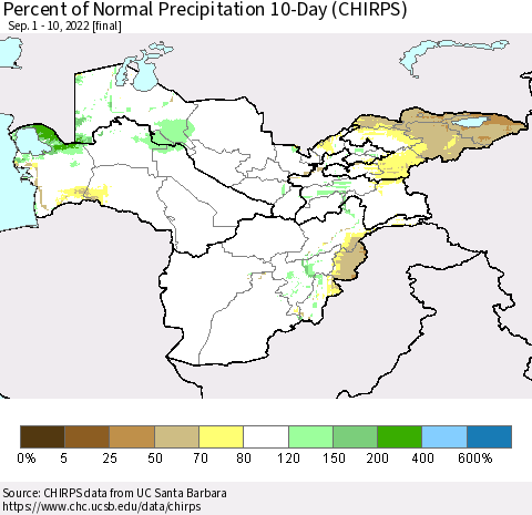 Central Asia Percent of Normal Precipitation 10-Day (CHIRPS) Thematic Map For 9/1/2022 - 9/10/2022