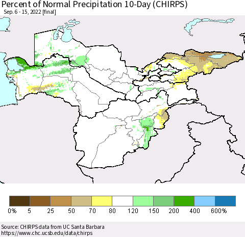Central Asia Percent of Normal Precipitation 10-Day (CHIRPS) Thematic Map For 9/6/2022 - 9/15/2022