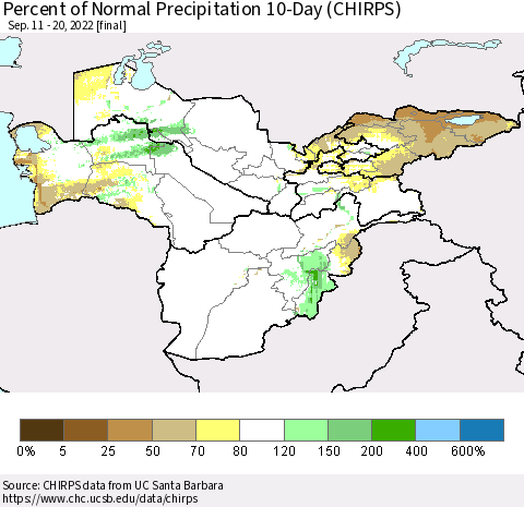 Central Asia Percent of Normal Precipitation 10-Day (CHIRPS) Thematic Map For 9/11/2022 - 9/20/2022