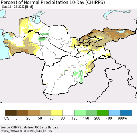 Central Asia Percent of Normal Precipitation 10-Day (CHIRPS) Thematic Map For 9/16/2022 - 9/25/2022