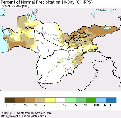 Central Asia Percent of Normal Precipitation 10-Day (CHIRPS) Thematic Map For 9/21/2022 - 9/30/2022