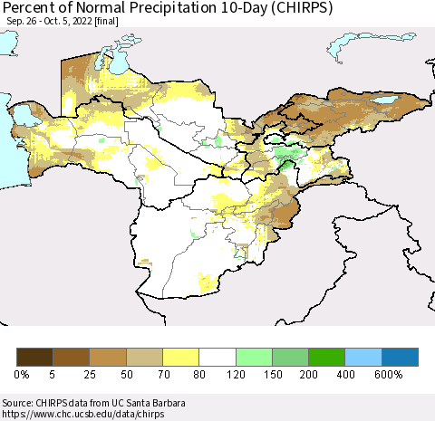 Central Asia Percent of Normal Precipitation 10-Day (CHIRPS) Thematic Map For 9/26/2022 - 10/5/2022
