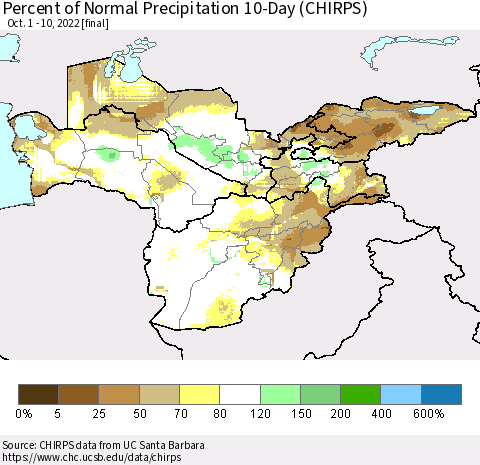 Central Asia Percent of Normal Precipitation 10-Day (CHIRPS) Thematic Map For 10/1/2022 - 10/10/2022
