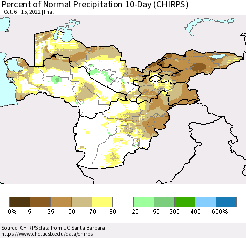 Central Asia Percent of Normal Precipitation 10-Day (CHIRPS) Thematic Map For 10/6/2022 - 10/15/2022