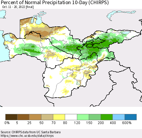 Central Asia Percent of Normal Precipitation 10-Day (CHIRPS) Thematic Map For 10/11/2022 - 10/20/2022
