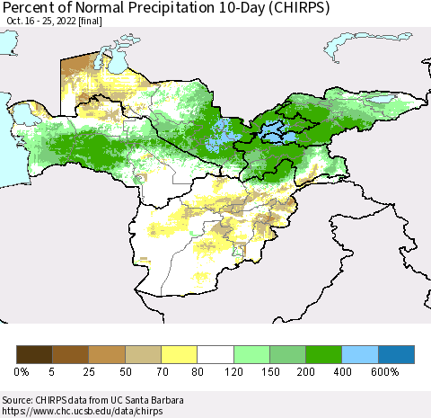 Central Asia Percent of Normal Precipitation 10-Day (CHIRPS) Thematic Map For 10/16/2022 - 10/25/2022