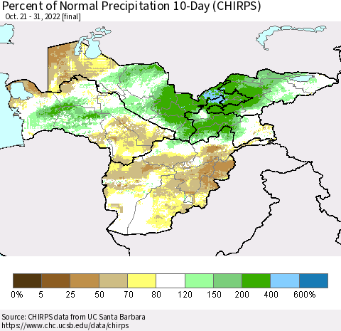 Central Asia Percent of Normal Precipitation 10-Day (CHIRPS) Thematic Map For 10/21/2022 - 10/31/2022