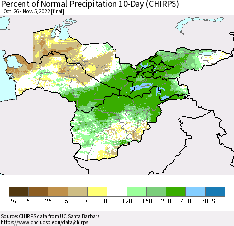 Central Asia Percent of Normal Precipitation 10-Day (CHIRPS) Thematic Map For 10/26/2022 - 11/5/2022