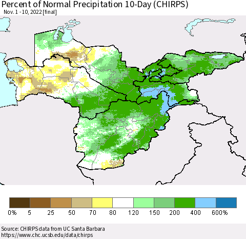 Central Asia Percent of Normal Precipitation 10-Day (CHIRPS) Thematic Map For 11/1/2022 - 11/10/2022