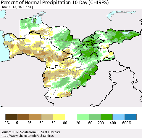 Central Asia Percent of Normal Precipitation 10-Day (CHIRPS) Thematic Map For 11/6/2022 - 11/15/2022