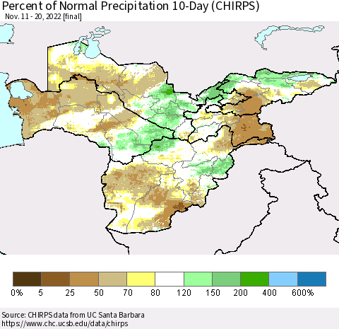 Central Asia Percent of Normal Precipitation 10-Day (CHIRPS) Thematic Map For 11/11/2022 - 11/20/2022