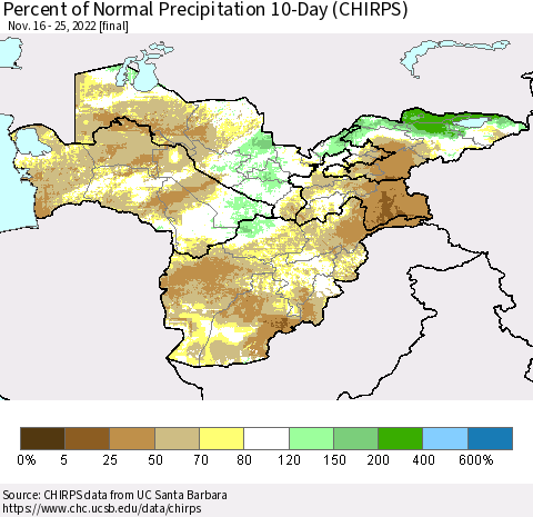 Central Asia Percent of Normal Precipitation 10-Day (CHIRPS) Thematic Map For 11/16/2022 - 11/25/2022