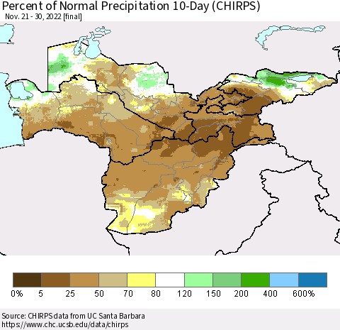 Central Asia Percent of Normal Precipitation 10-Day (CHIRPS) Thematic Map For 11/21/2022 - 11/30/2022