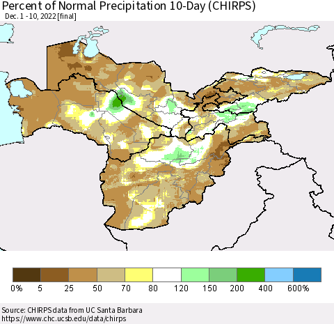 Central Asia Percent of Normal Precipitation 10-Day (CHIRPS) Thematic Map For 12/1/2022 - 12/10/2022