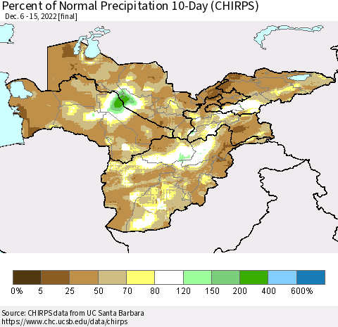 Central Asia Percent of Normal Precipitation 10-Day (CHIRPS) Thematic Map For 12/6/2022 - 12/15/2022