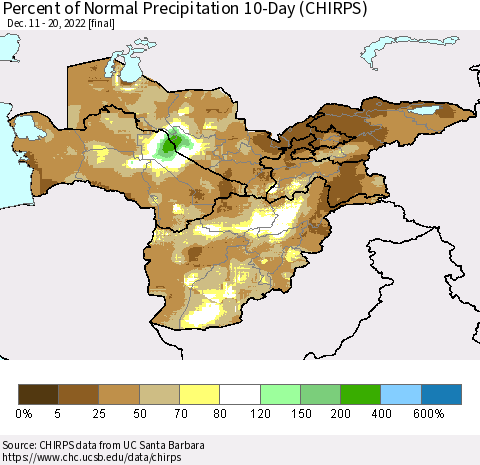 Central Asia Percent of Normal Precipitation 10-Day (CHIRPS) Thematic Map For 12/11/2022 - 12/20/2022