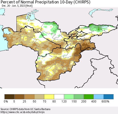 Central Asia Percent of Normal Precipitation 10-Day (CHIRPS) Thematic Map For 12/26/2022 - 1/5/2023
