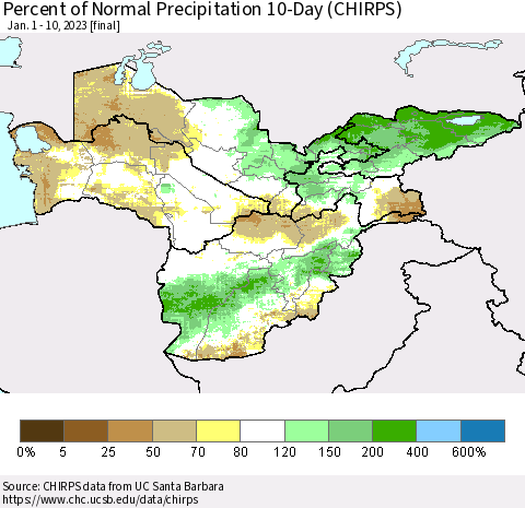 Central Asia Percent of Normal Precipitation 10-Day (CHIRPS) Thematic Map For 1/1/2023 - 1/10/2023