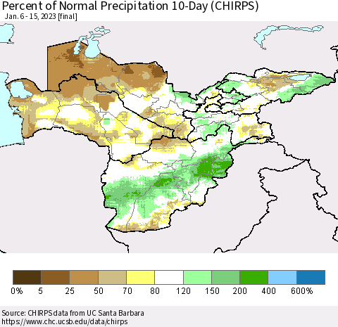 Central Asia Percent of Normal Precipitation 10-Day (CHIRPS) Thematic Map For 1/6/2023 - 1/15/2023