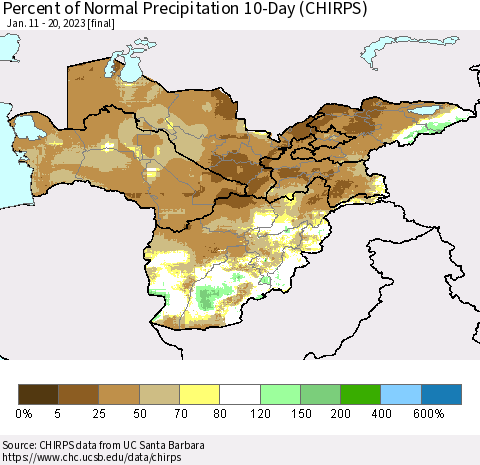 Central Asia Percent of Normal Precipitation 10-Day (CHIRPS) Thematic Map For 1/11/2023 - 1/20/2023