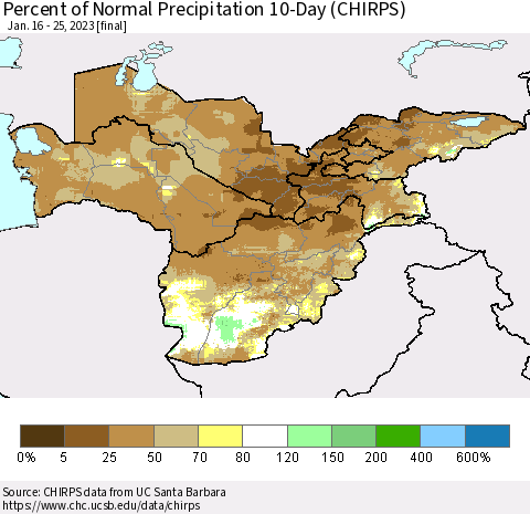 Central Asia Percent of Normal Precipitation 10-Day (CHIRPS) Thematic Map For 1/16/2023 - 1/25/2023