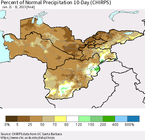 Central Asia Percent of Normal Precipitation 10-Day (CHIRPS) Thematic Map For 1/21/2023 - 1/31/2023