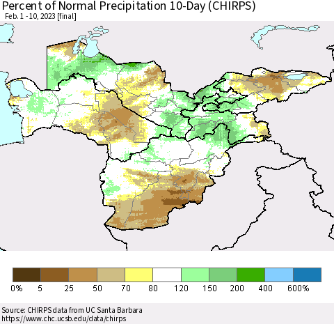 Central Asia Percent of Normal Precipitation 10-Day (CHIRPS) Thematic Map For 2/1/2023 - 2/10/2023