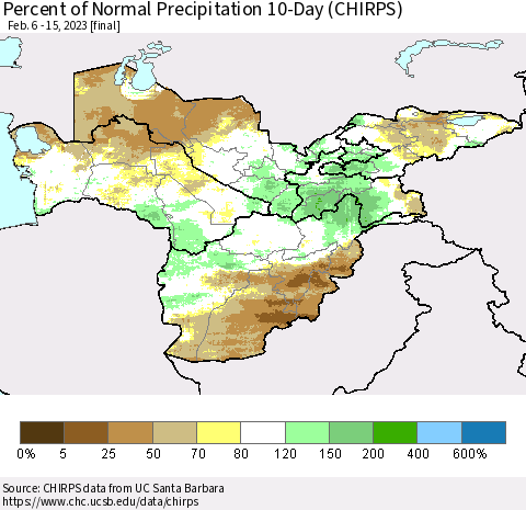 Central Asia Percent of Normal Precipitation 10-Day (CHIRPS) Thematic Map For 2/6/2023 - 2/15/2023