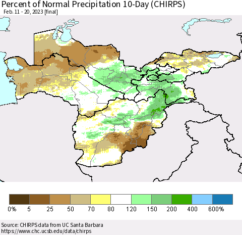 Central Asia Percent of Normal Precipitation 10-Day (CHIRPS) Thematic Map For 2/11/2023 - 2/20/2023