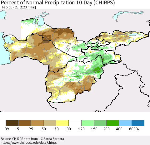 Central Asia Percent of Normal Precipitation 10-Day (CHIRPS) Thematic Map For 2/16/2023 - 2/25/2023