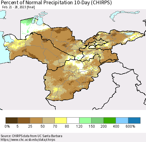 Central Asia Percent of Normal Precipitation 10-Day (CHIRPS) Thematic Map For 2/21/2023 - 2/28/2023