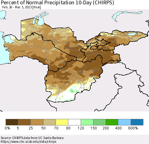 Central Asia Percent of Normal Precipitation 10-Day (CHIRPS) Thematic Map For 2/26/2023 - 3/5/2023