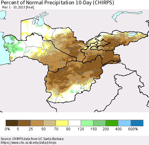 Central Asia Percent of Normal Precipitation 10-Day (CHIRPS) Thematic Map For 3/1/2023 - 3/10/2023