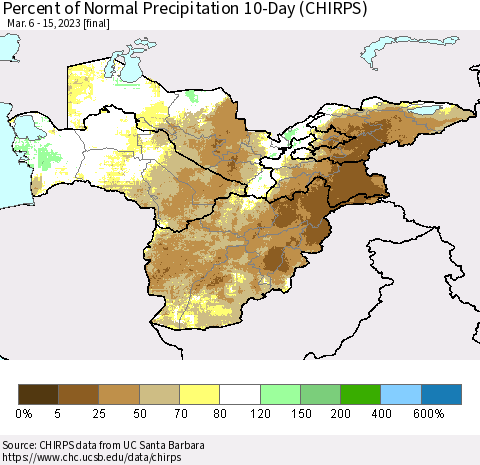 Central Asia Percent of Normal Precipitation 10-Day (CHIRPS) Thematic Map For 3/6/2023 - 3/15/2023
