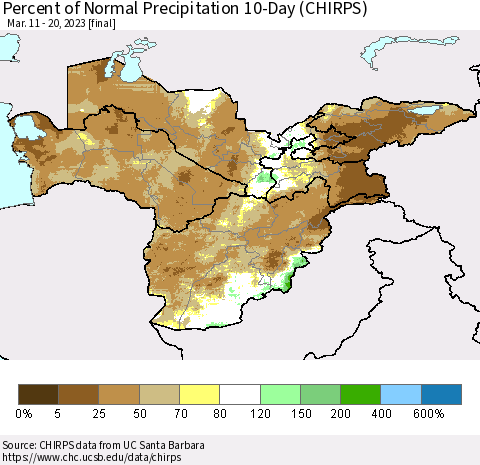 Central Asia Percent of Normal Precipitation 10-Day (CHIRPS) Thematic Map For 3/11/2023 - 3/20/2023