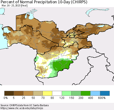Central Asia Percent of Normal Precipitation 10-Day (CHIRPS) Thematic Map For 3/16/2023 - 3/25/2023
