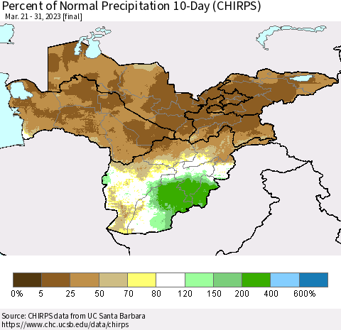 Central Asia Percent of Normal Precipitation 10-Day (CHIRPS) Thematic Map For 3/21/2023 - 3/31/2023