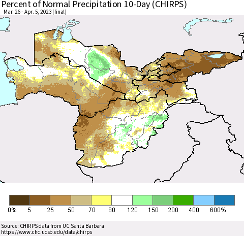 Central Asia Percent of Normal Precipitation 10-Day (CHIRPS) Thematic Map For 3/26/2023 - 4/5/2023