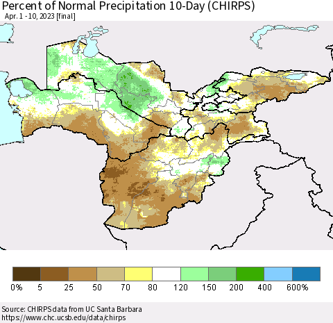 Central Asia Percent of Normal Precipitation 10-Day (CHIRPS) Thematic Map For 4/1/2023 - 4/10/2023