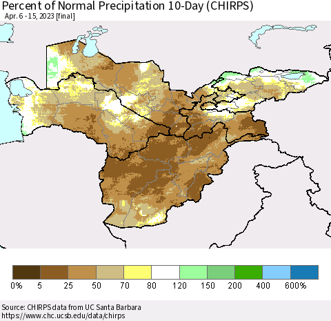 Central Asia Percent of Normal Precipitation 10-Day (CHIRPS) Thematic Map For 4/6/2023 - 4/15/2023