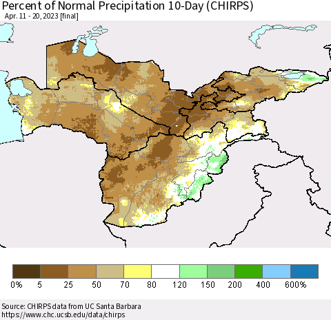 Central Asia Percent of Normal Precipitation 10-Day (CHIRPS) Thematic Map For 4/11/2023 - 4/20/2023