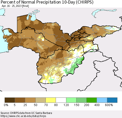 Central Asia Percent of Normal Precipitation 10-Day (CHIRPS) Thematic Map For 4/16/2023 - 4/25/2023
