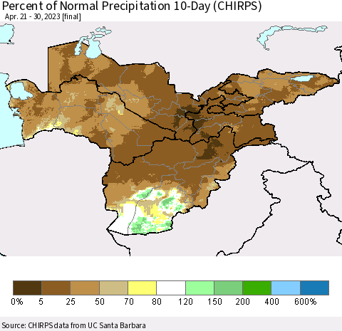 Central Asia Percent of Normal Precipitation 10-Day (CHIRPS) Thematic Map For 4/21/2023 - 4/30/2023