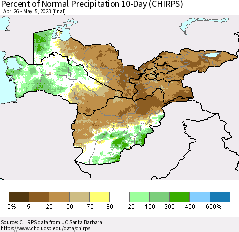 Central Asia Percent of Normal Precipitation 10-Day (CHIRPS) Thematic Map For 4/26/2023 - 5/5/2023