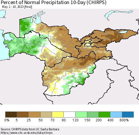 Central Asia Percent of Normal Precipitation 10-Day (CHIRPS) Thematic Map For 5/1/2023 - 5/10/2023