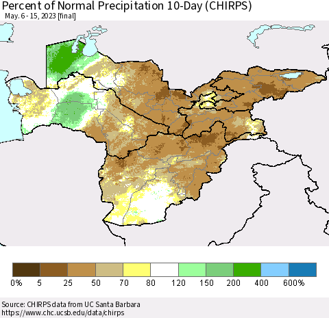 Central Asia Percent of Normal Precipitation 10-Day (CHIRPS) Thematic Map For 5/6/2023 - 5/15/2023