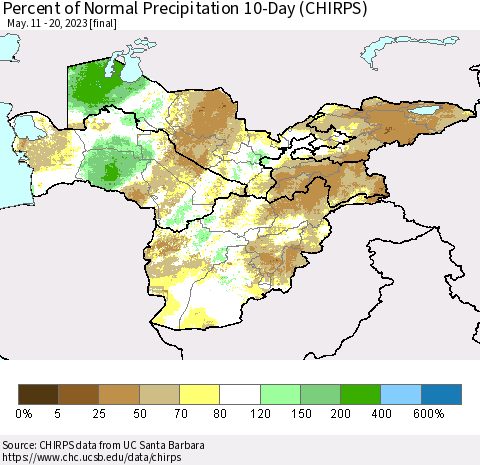 Central Asia Percent of Normal Precipitation 10-Day (CHIRPS) Thematic Map For 5/11/2023 - 5/20/2023